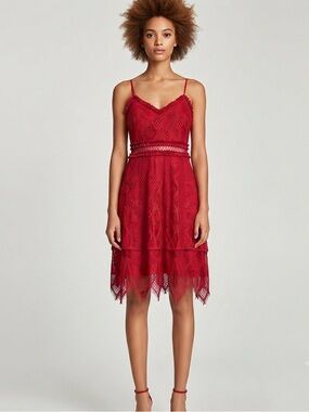 NWT Foxiedox Raspberry Red Lace Midi Dress S Cutout Waist Cocktail $163